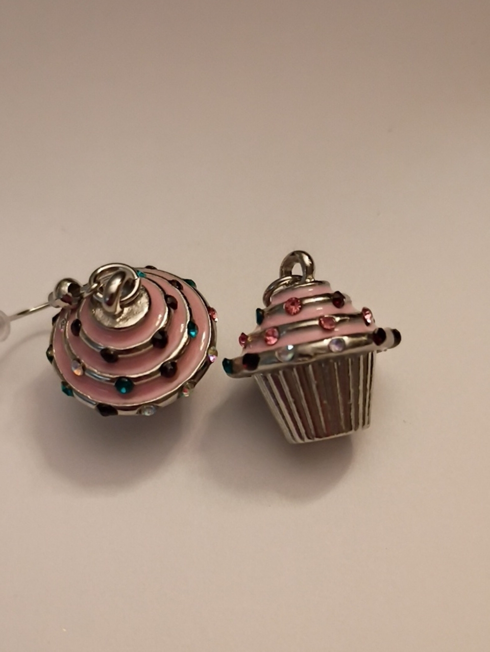 Pink Cupcake Charm Drop Earrings with Crystal Accents